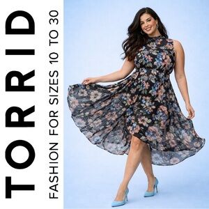 Torrid Black, Blue & Pink High Neck Floral A-Line Midi Dress, Large, NWT!